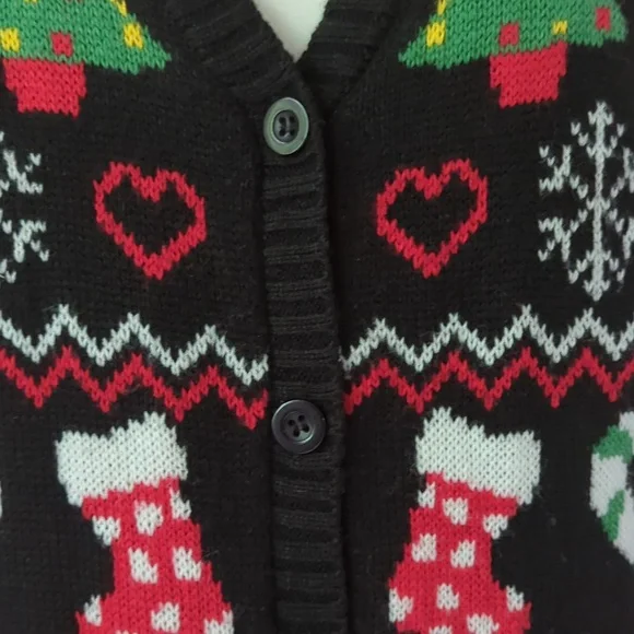 Absolutely Famous Button Up Acrylic Cardigan Christmas Sweater MEDIUM Black Red - Picture 9 of 16